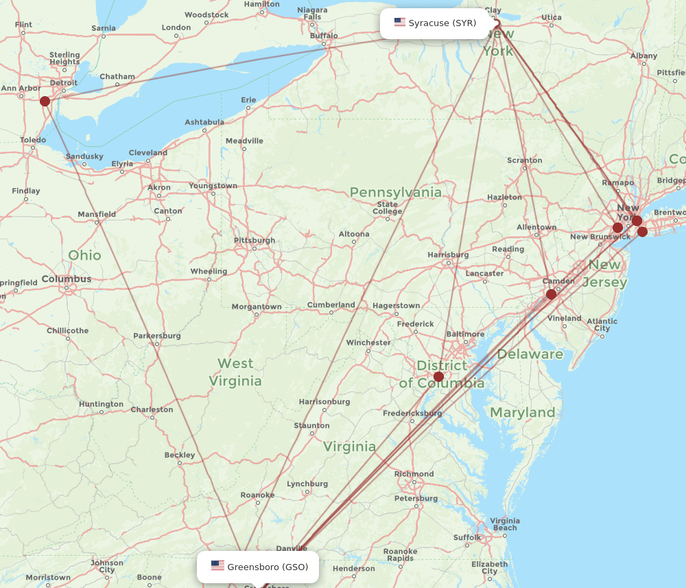 SYR to GSO flights and routes map