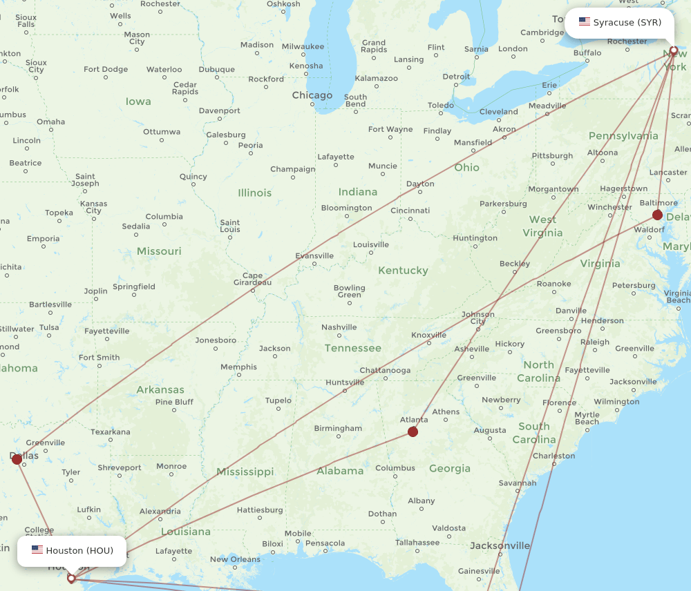 SYR to HOU flights and routes map