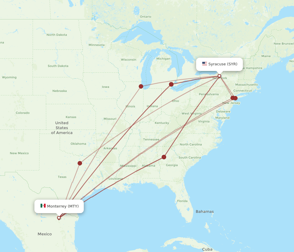 SYR to MTY flights and routes map
