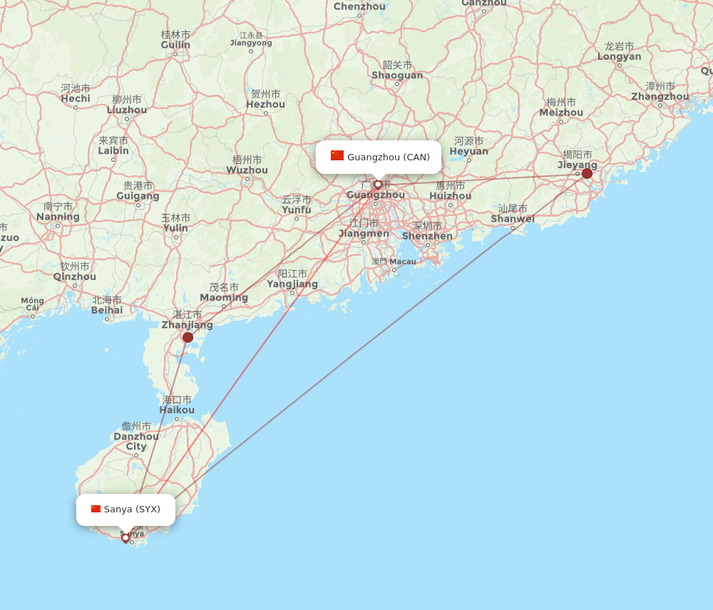 SYX to CAN flights and routes map