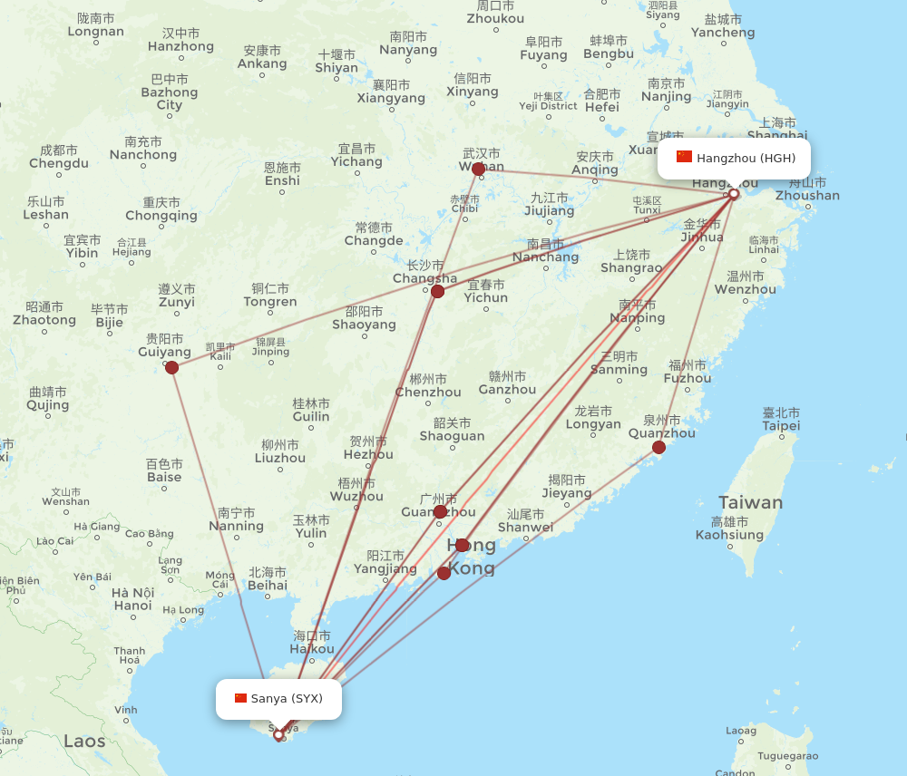 SYX to HGH flights and routes map