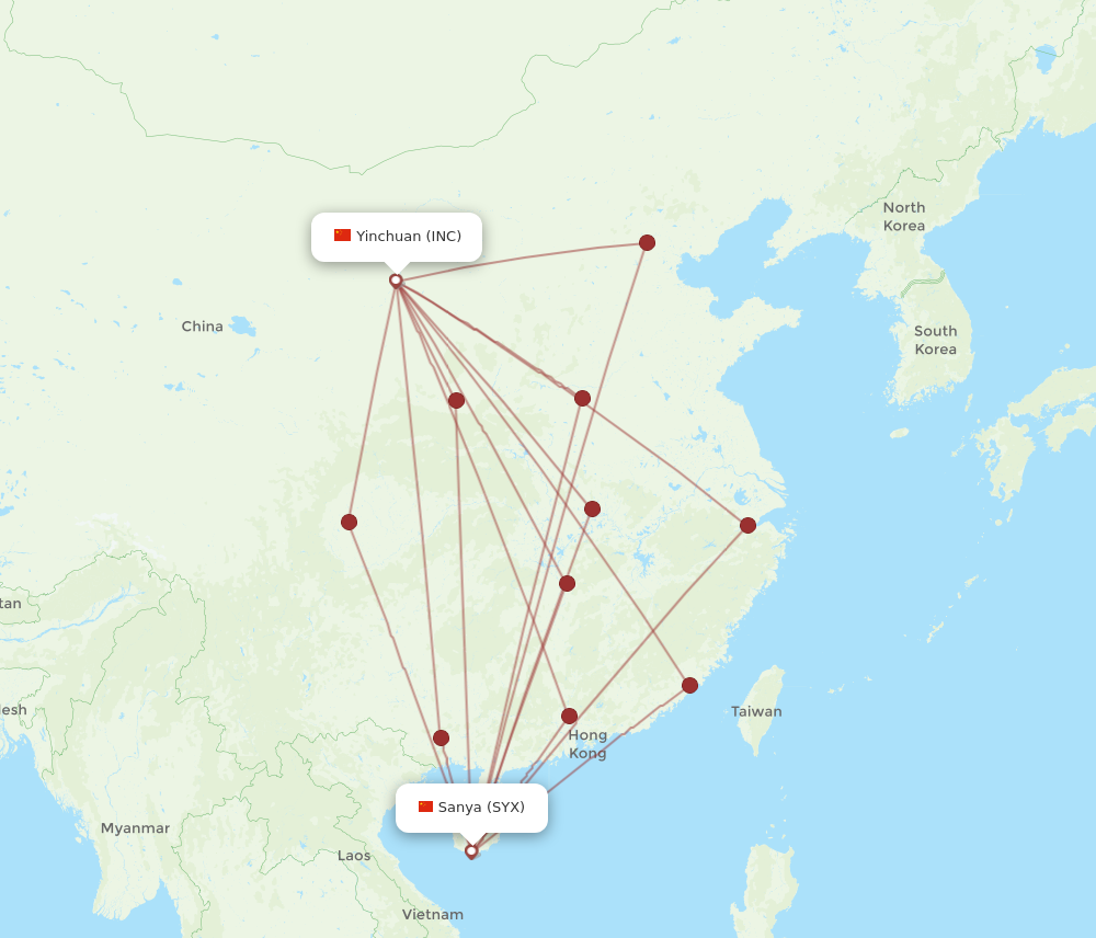 SYX to INC flights and routes map