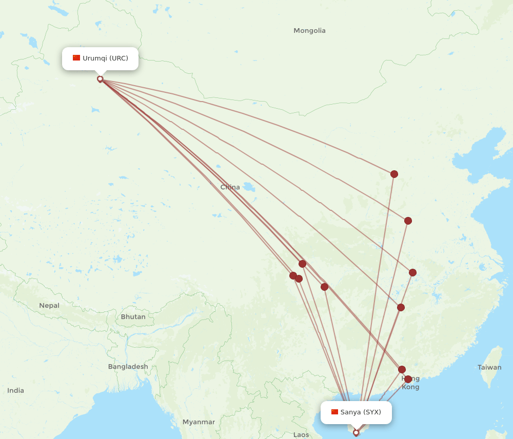 SYX to URC flights and routes map