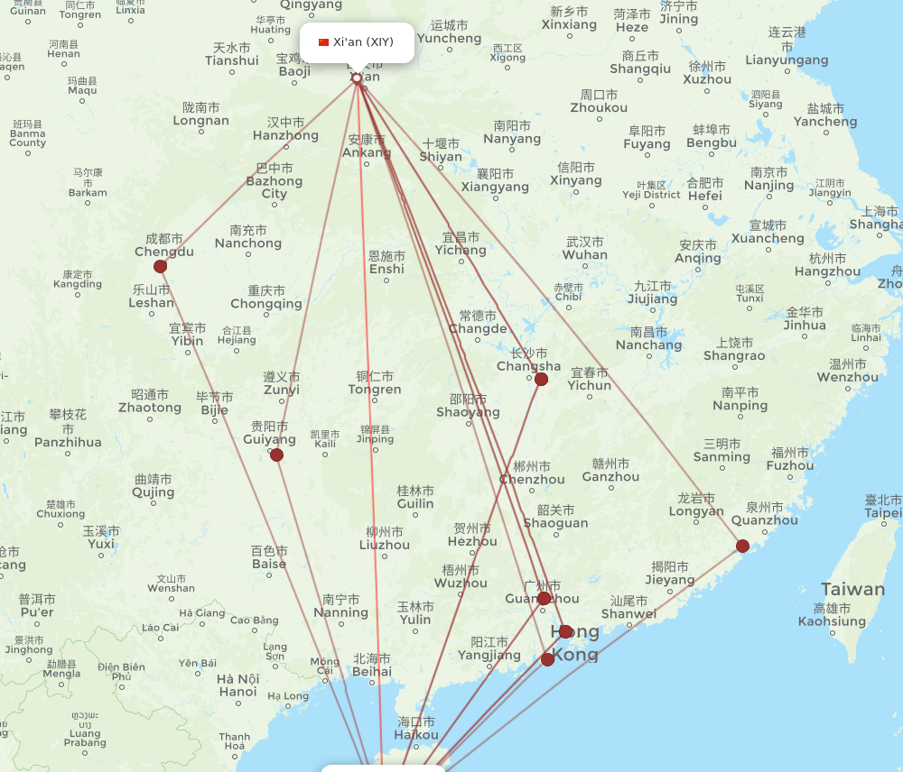 SYX to XIY flights and routes map