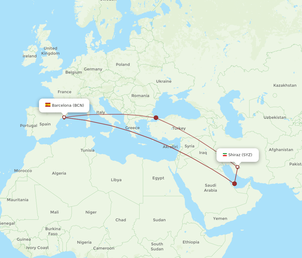 SYZ-BCN flight routes
