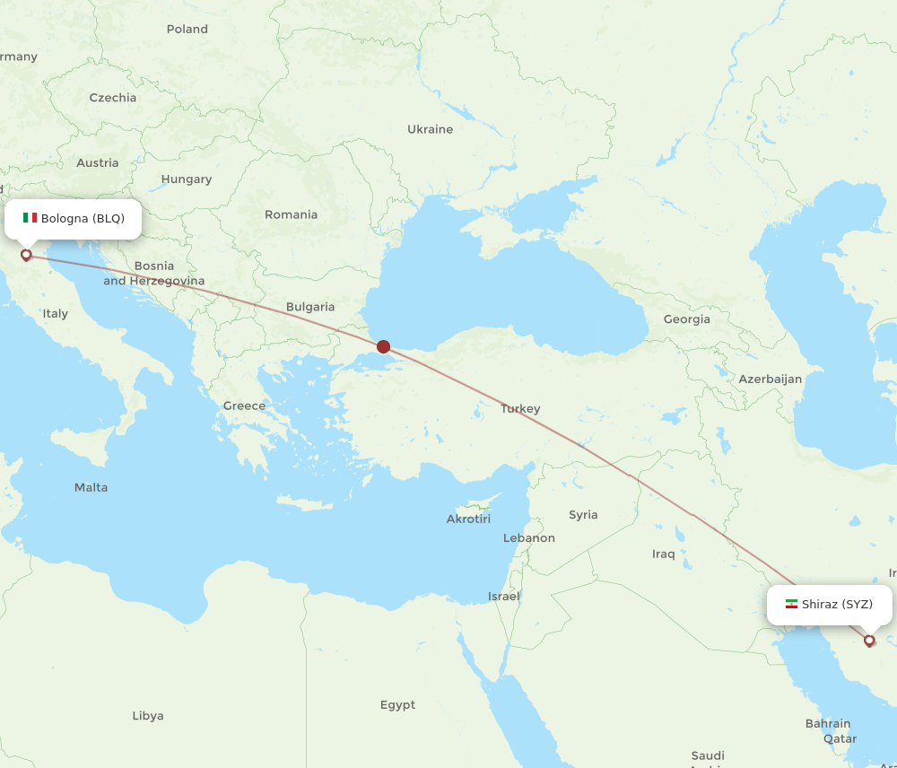 Bologna - Shiraz route map and flight paths