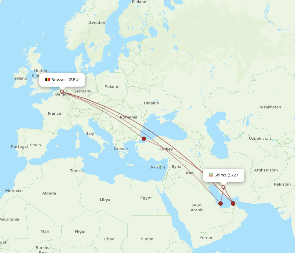 SYZ-BRU flight routes