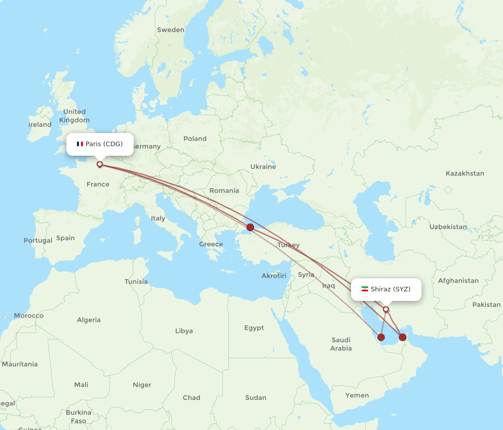 SYZ-CDG flight routes