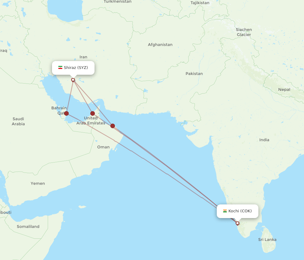 SYZ-COK flight routes