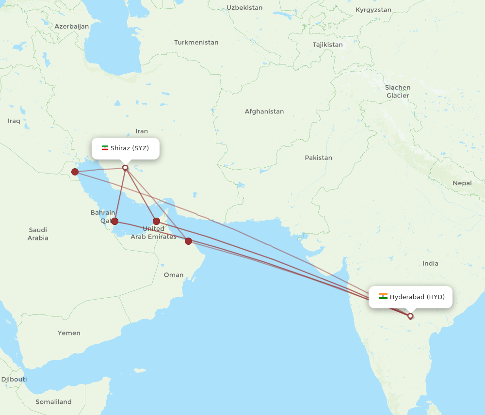 SYZ-HYD flight routes