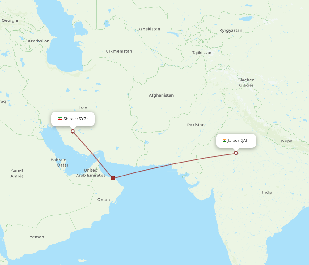 Jaipur - Shiraz route map and flight paths