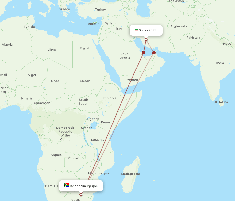 SYZ-JNB flight routes
