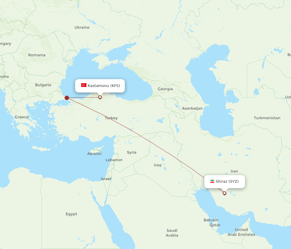 Kastamonu - Shiraz route map and flight paths