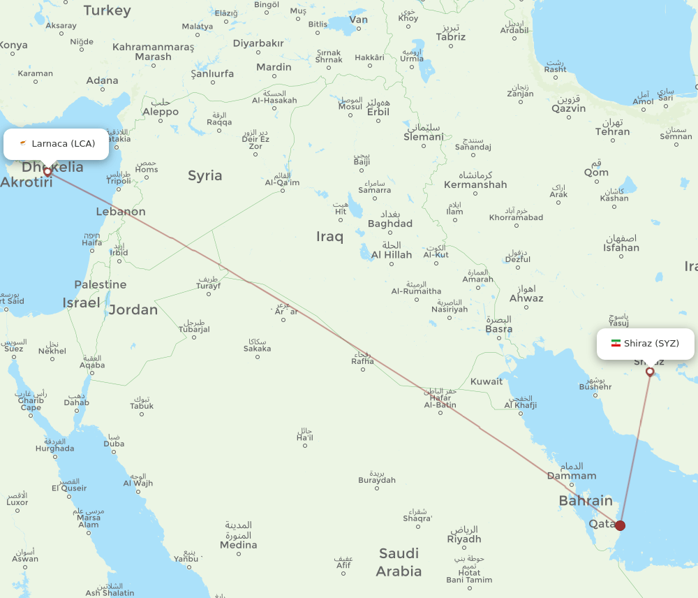 Larnaca - Shiraz route map and flight paths