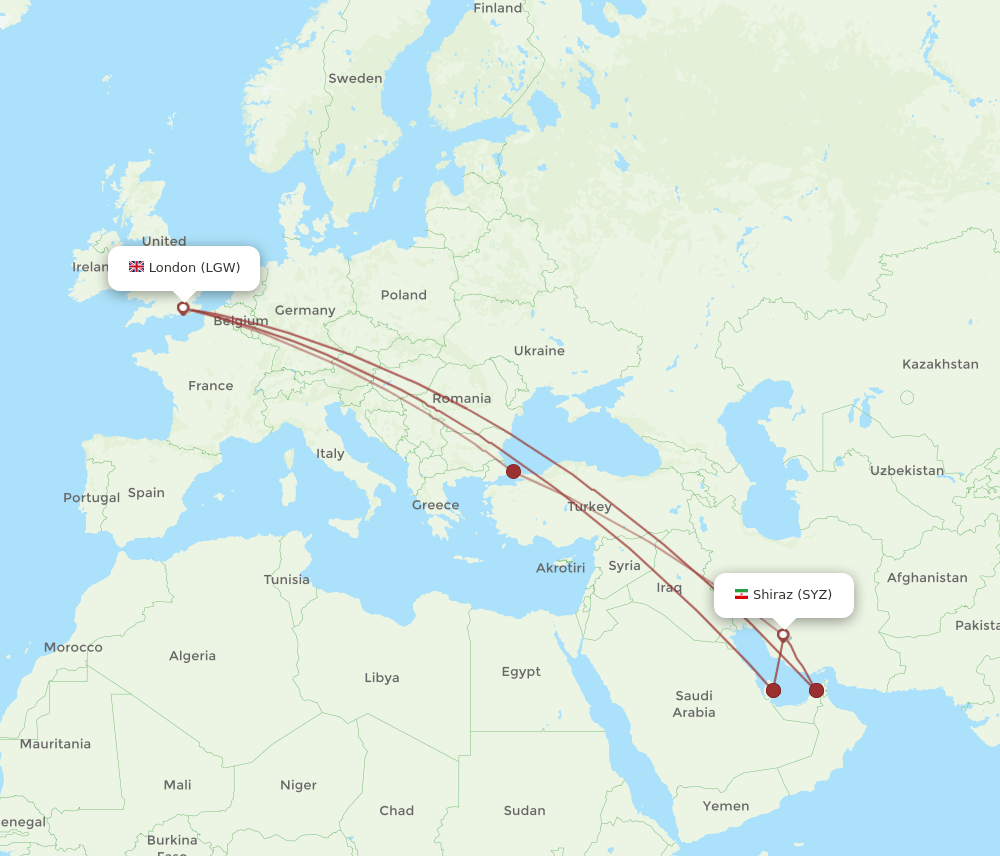SYZ-LGW flight routes