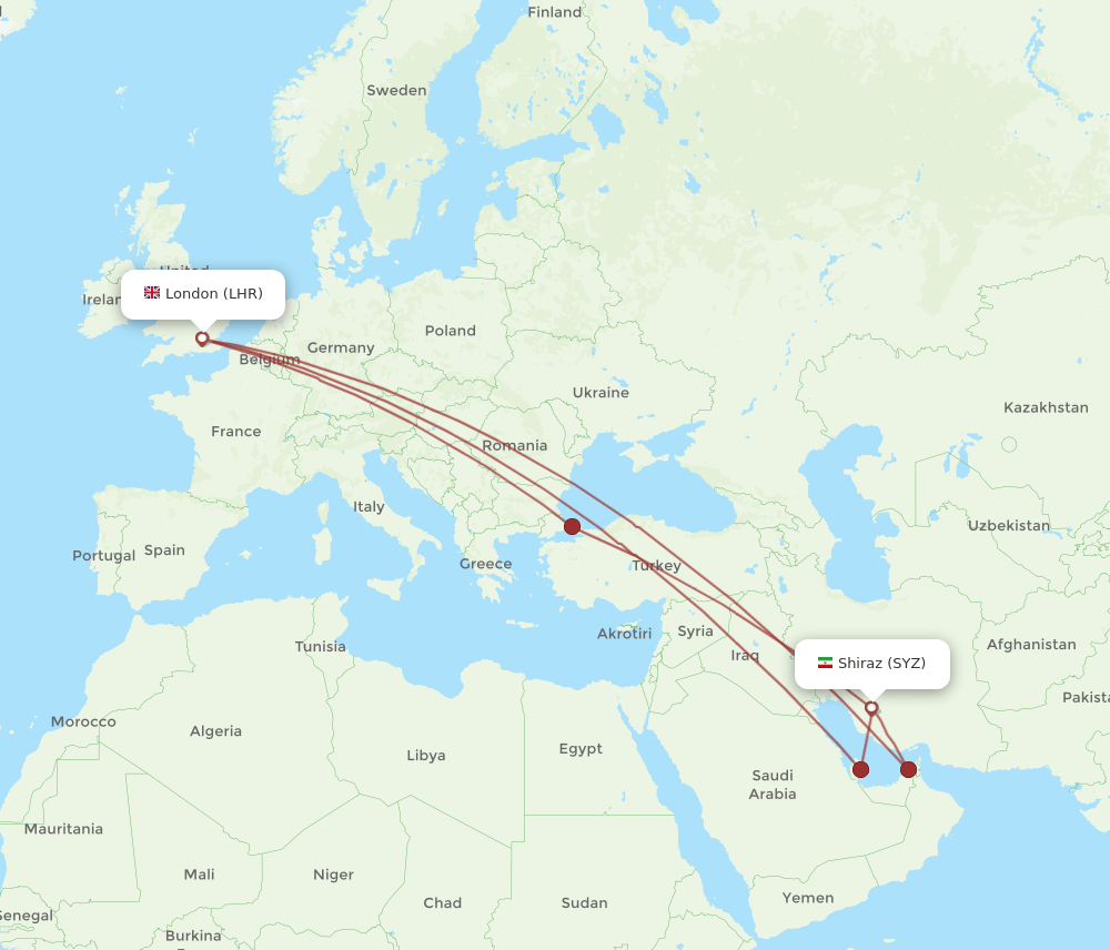 SYZ to LHR flights and routes map
