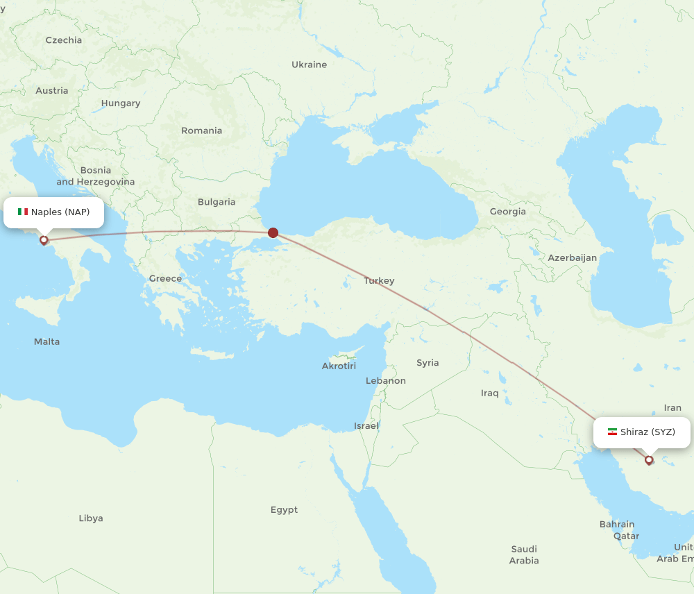 Naples - Shiraz route map and flight paths