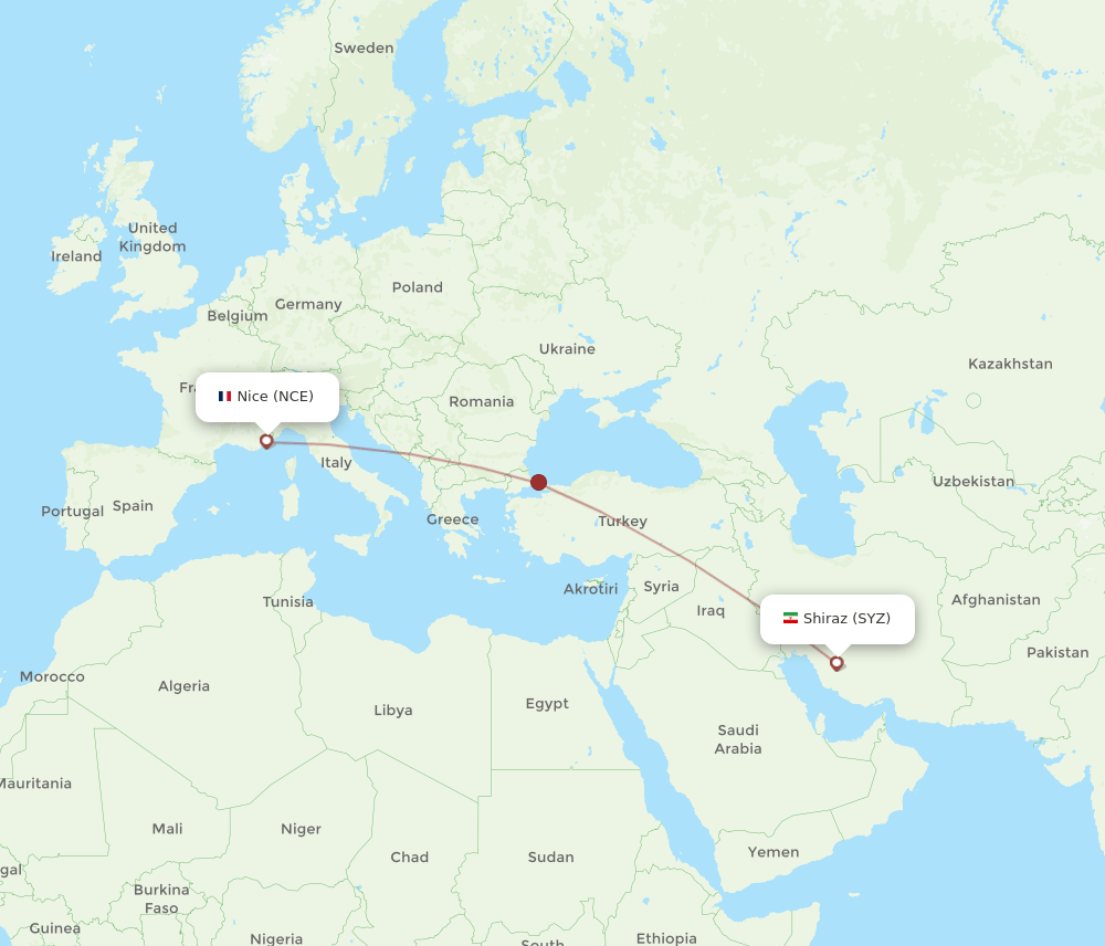 Nice - Shiraz route map and flight paths