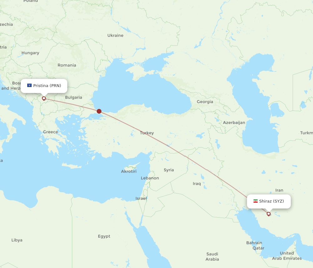 Pristina - Shiraz route map and flight paths