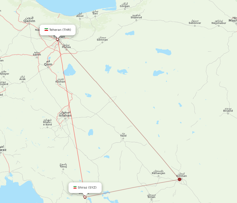 Shiraz - Tehran route map and flight paths