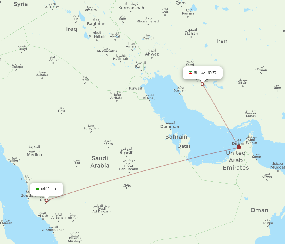 Taif - Shiraz route map and flight paths