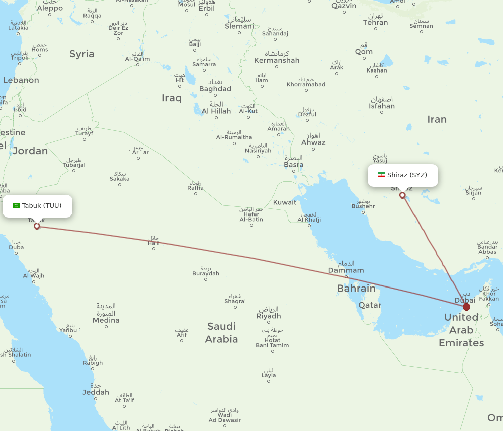Tabuk - Shiraz route map and flight paths