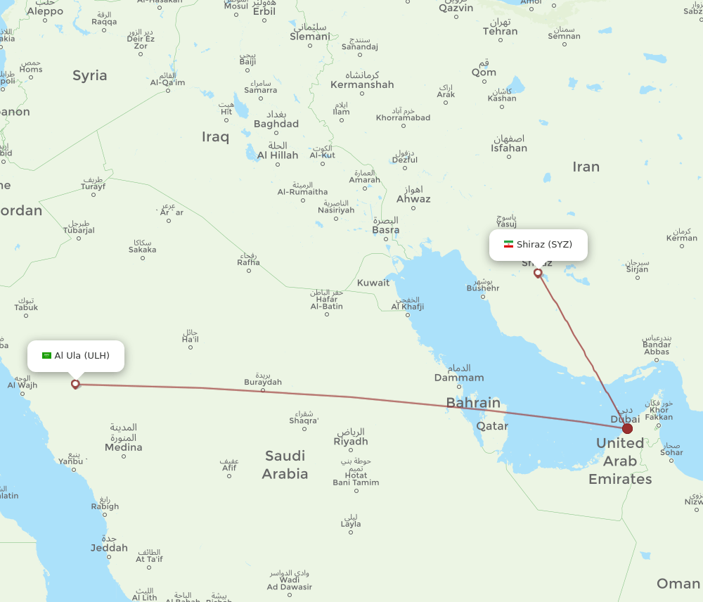 Al Ula - Shiraz route map and flight paths