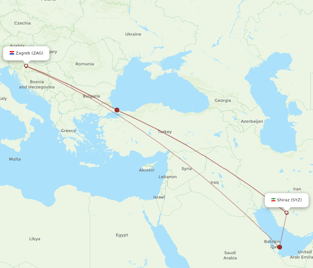 SYZ to ZAG flights and routes map