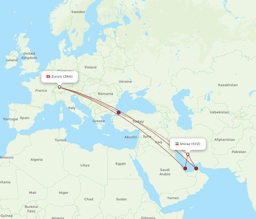 SYZ-ZRH flight routes