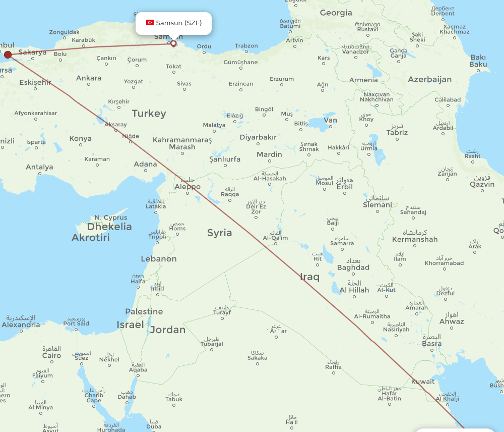 Samsun - Bahrain route map and flight paths