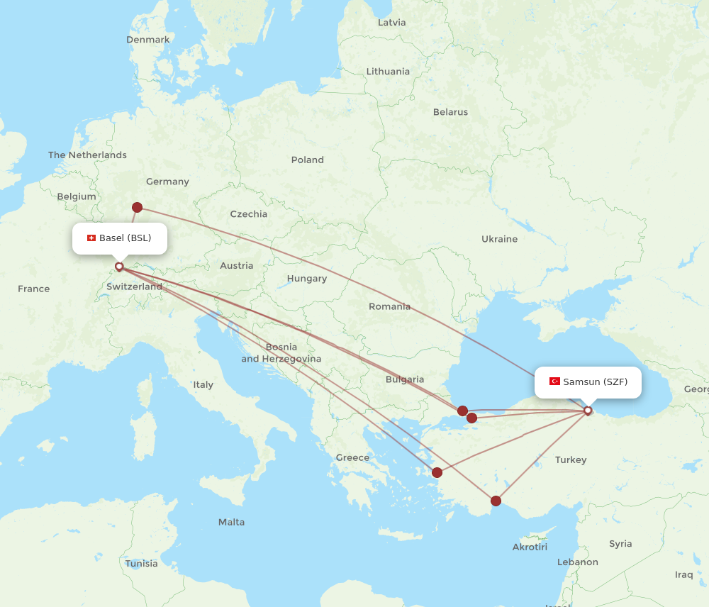 SZF to BSL flights and routes map