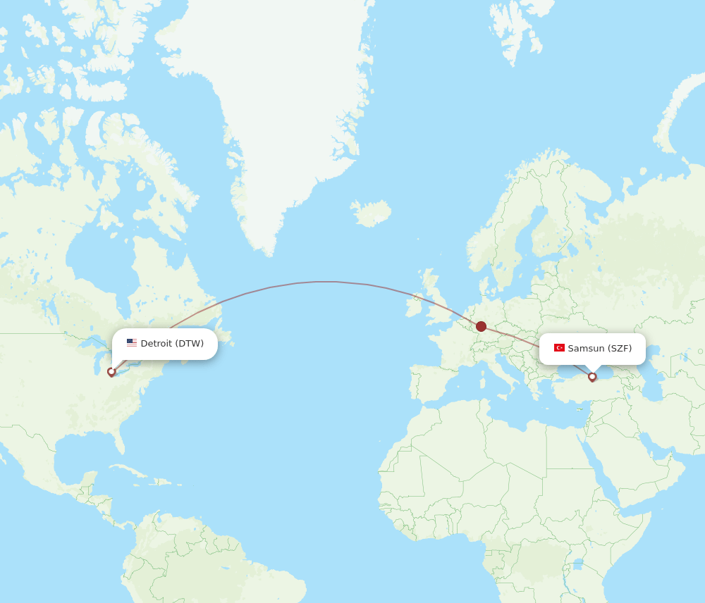 Detroit - Samsun route map and flight paths
