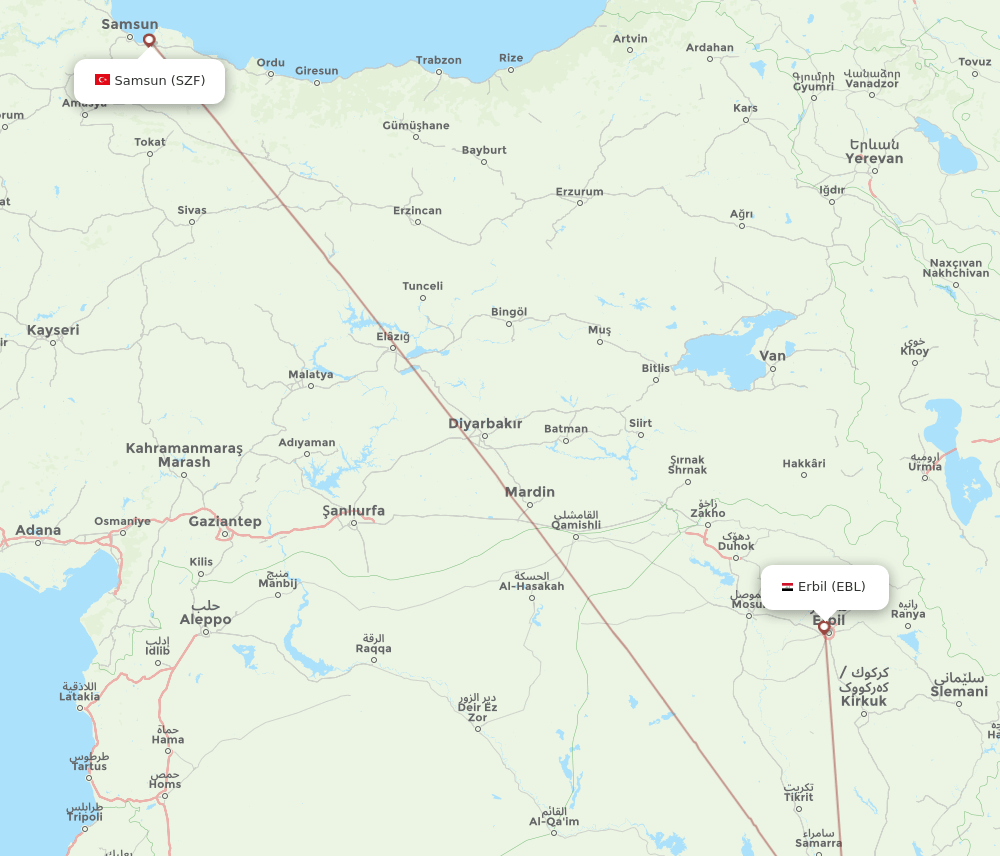 Erbil - Samsun route map and flight paths