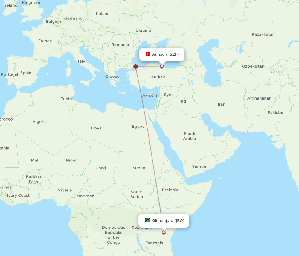 Kilimanjaro - Samsun route map and flight paths