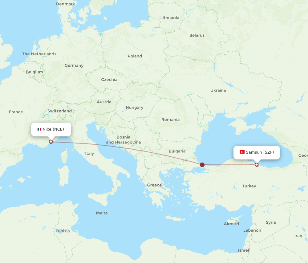 SZF to NCE flights and routes map