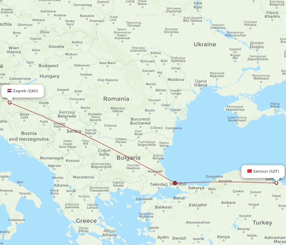 Zagreb - Samsun route map and flight paths