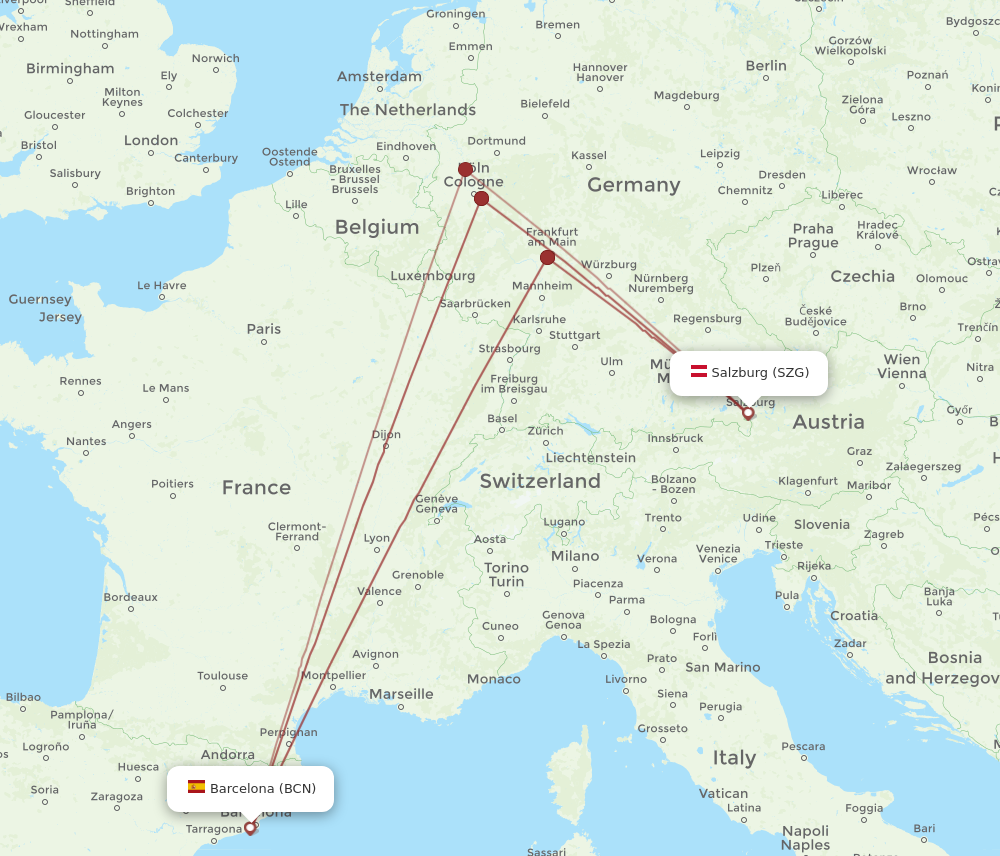 SZG to BCN flights and routes map