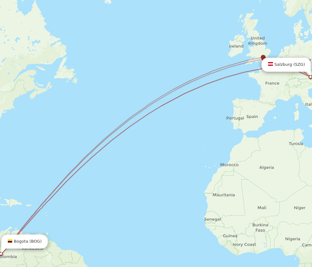 SZG to BOG flights and routes map