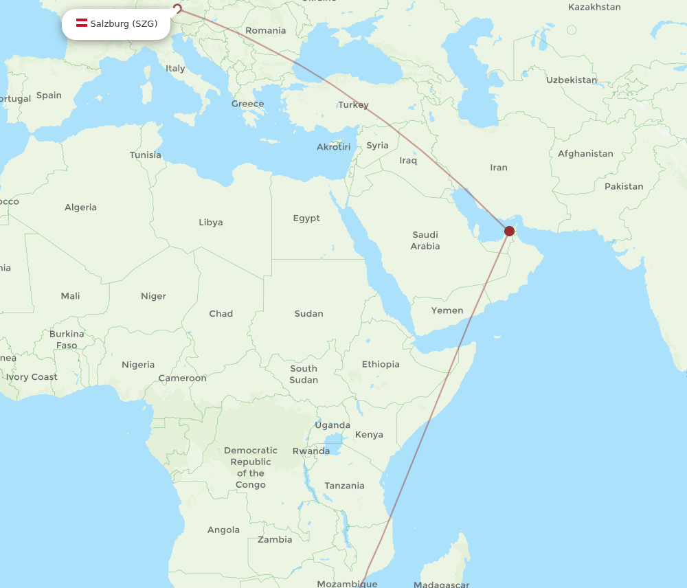 Durban - Salzburg route map and flight paths