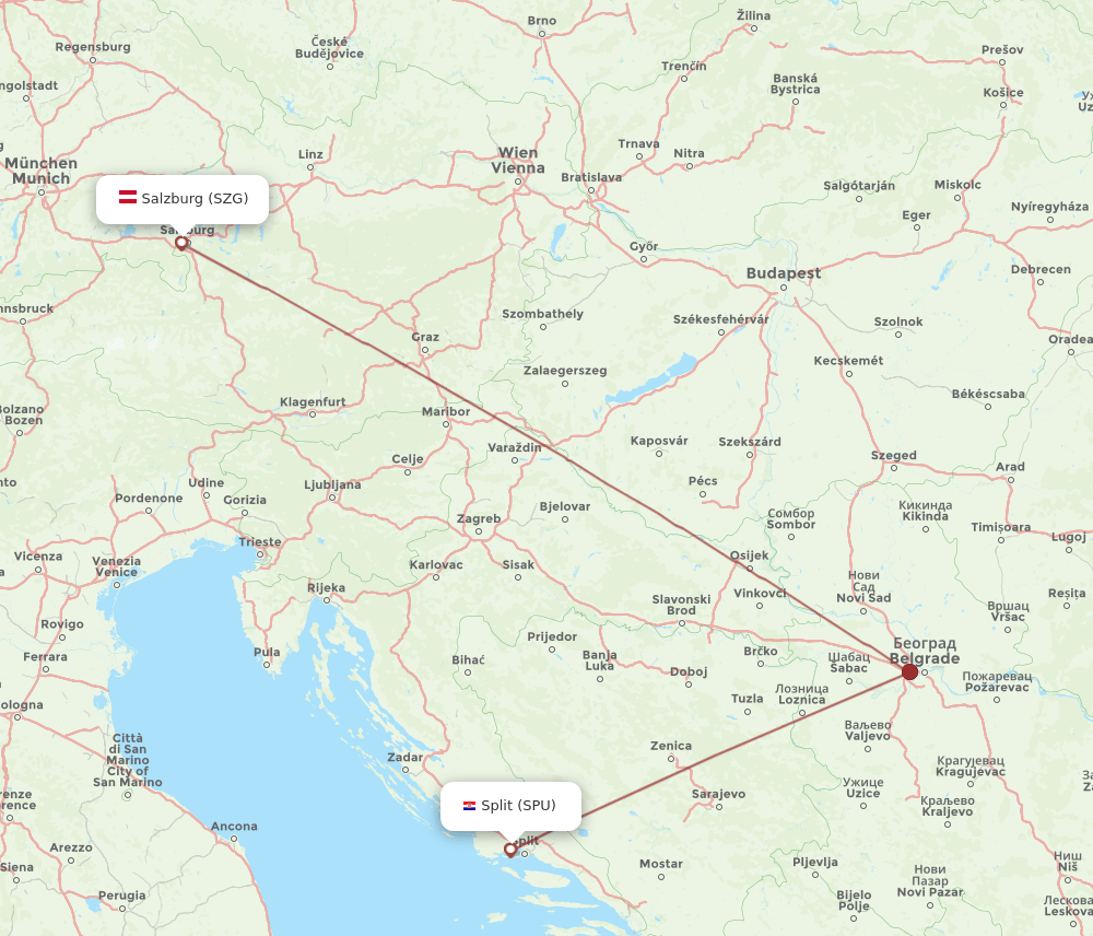 Split - Salzburg route map and flight paths