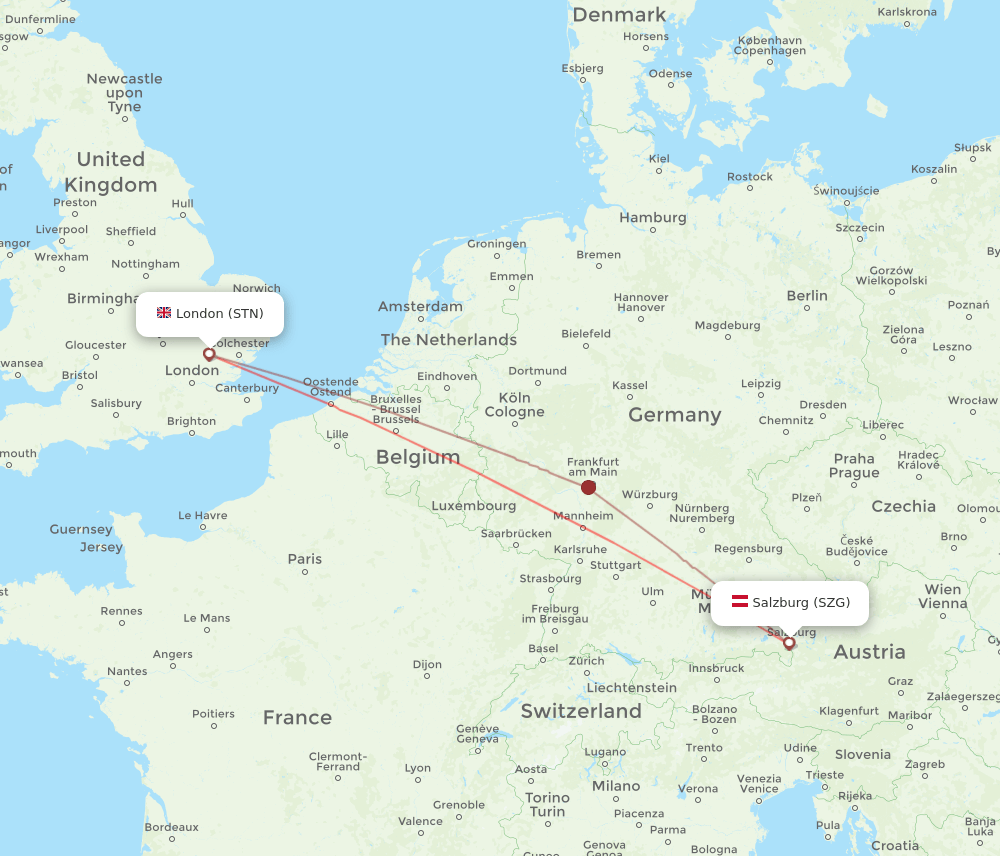 Salzburg - London route map and flight paths