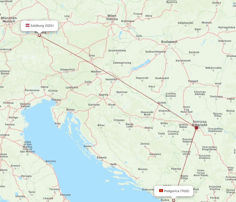 SZG to TGD flights and routes map