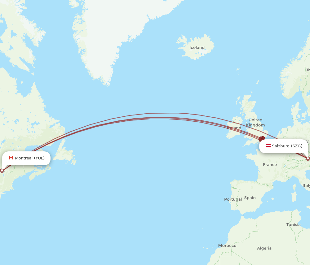Montreal - Salzburg route map and flight paths