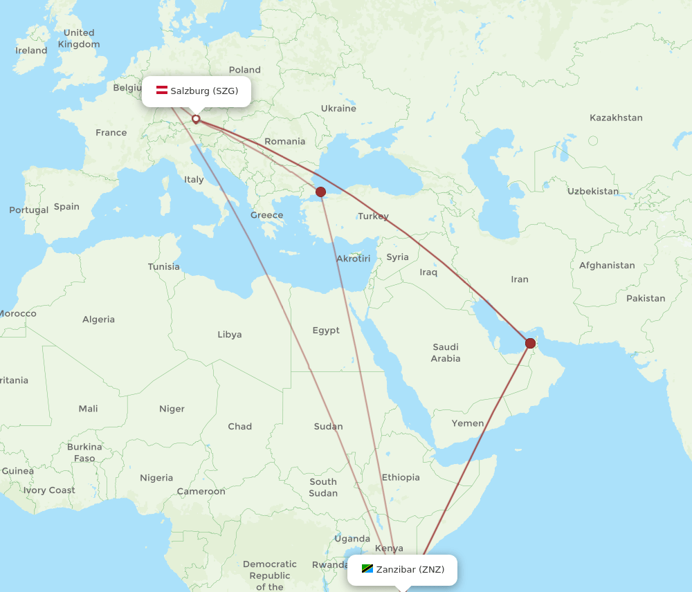 ZNZ to SZG flights and routes map