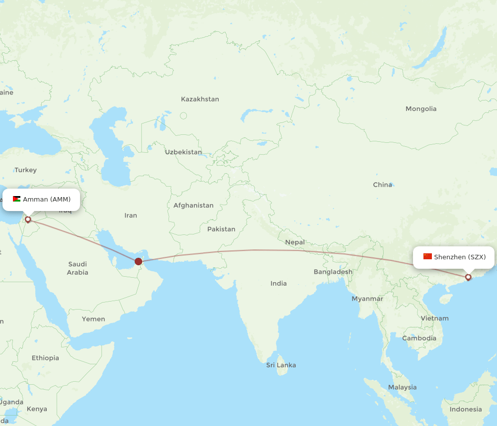 Amman - Shenzhen route map and flight paths