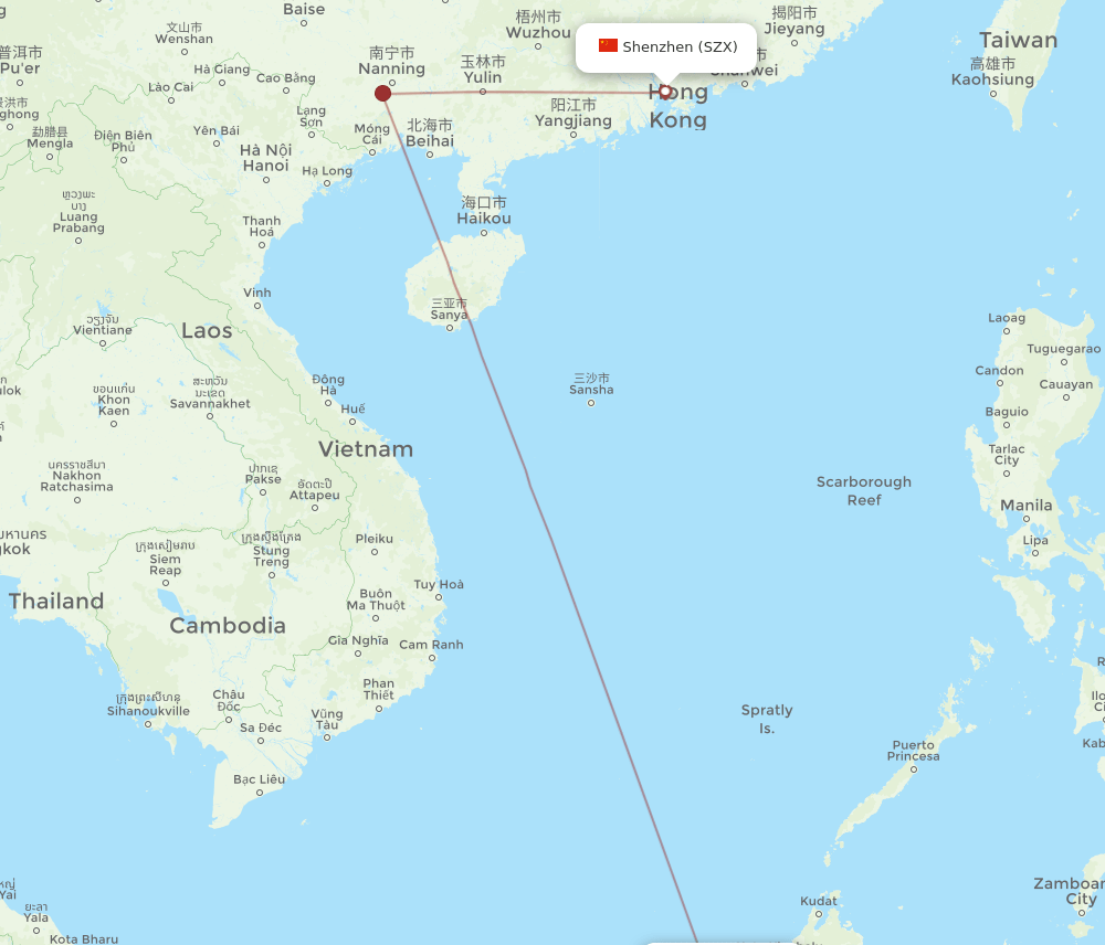 BWN to SZX flights and routes map
