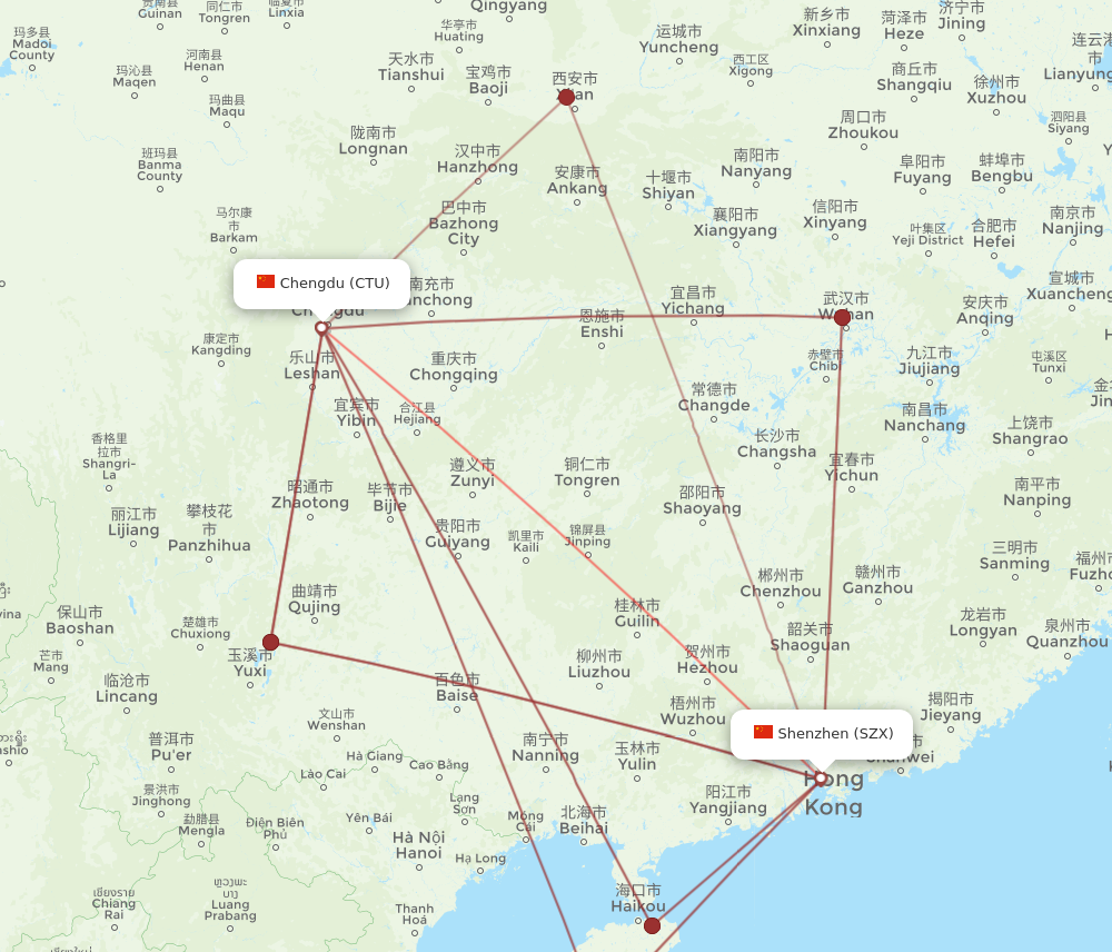 SZX to CTU flights and routes map