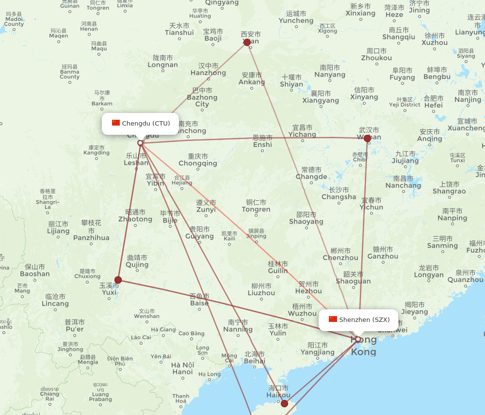 SZX to CTU flights and routes map