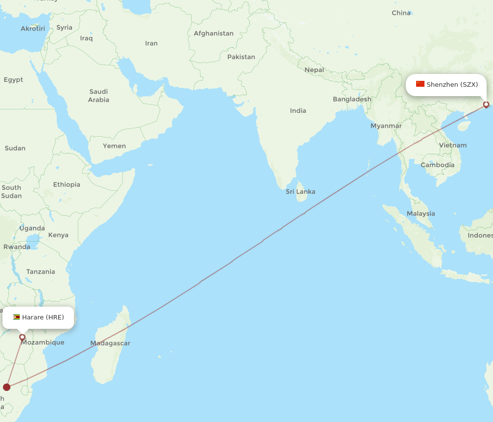 SZX to HRE flights and routes map