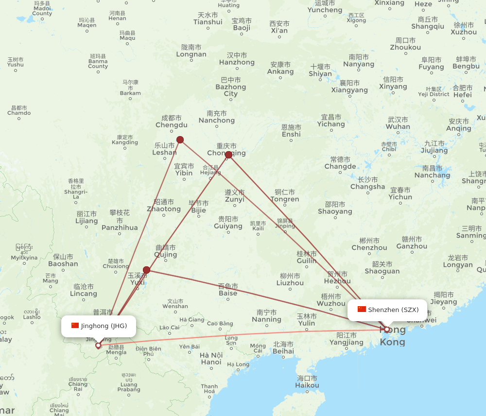 SZX to JHG flights and routes map